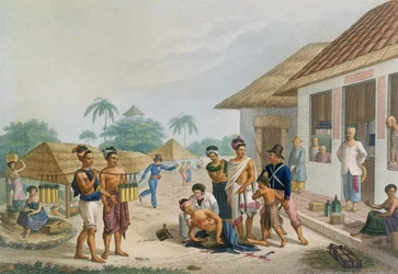 Pohled na bazar v Coupang, Timor, z 